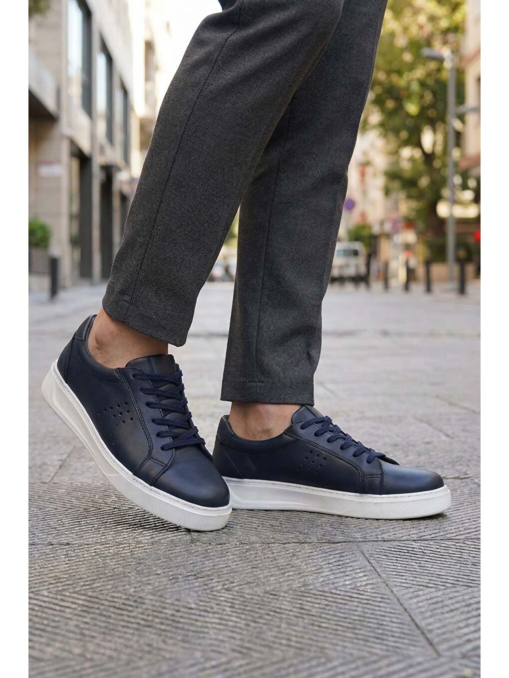 Lacivert Erkek İç Dış Hakiki Deri Ortopedik Rahat Taban Bağcıklı Ayarlanabilir Günlük Spor Ayakkabı