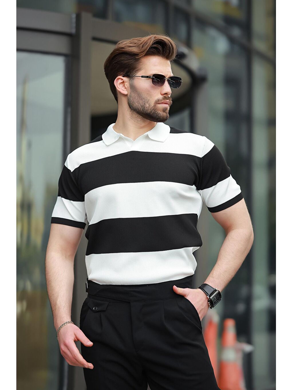 Siyah Polo Yaka Çizgili Erkek Triko Tişört E7411-1
