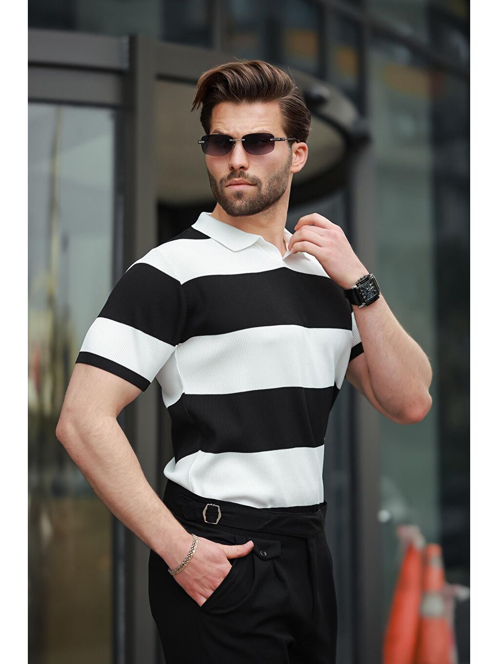 Siyah Polo Yaka Çizgili Erkek Triko Tişört E7411-3