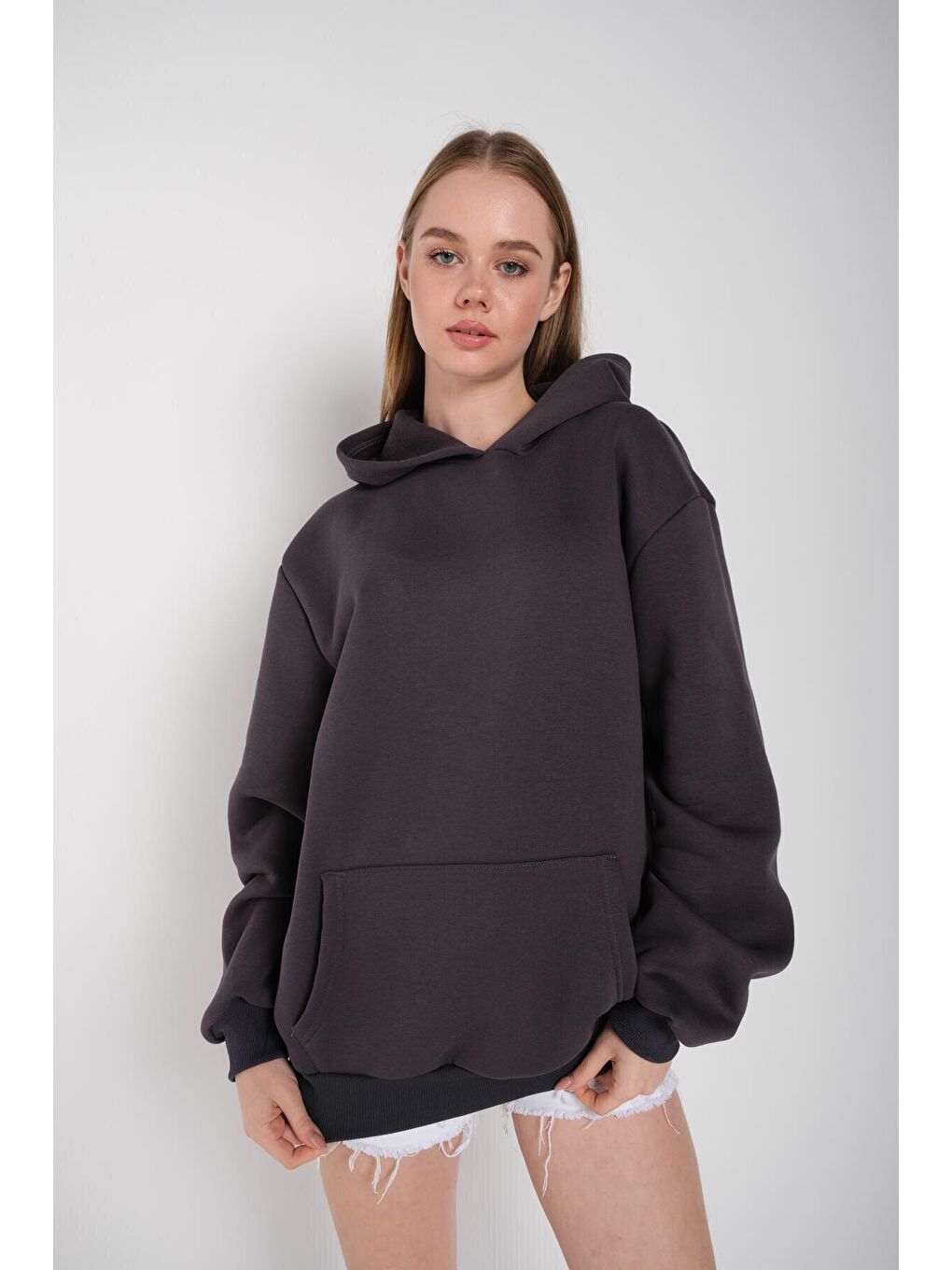 Gri Kadın  Oversize Kapüşonlu Sweatshirt 000
