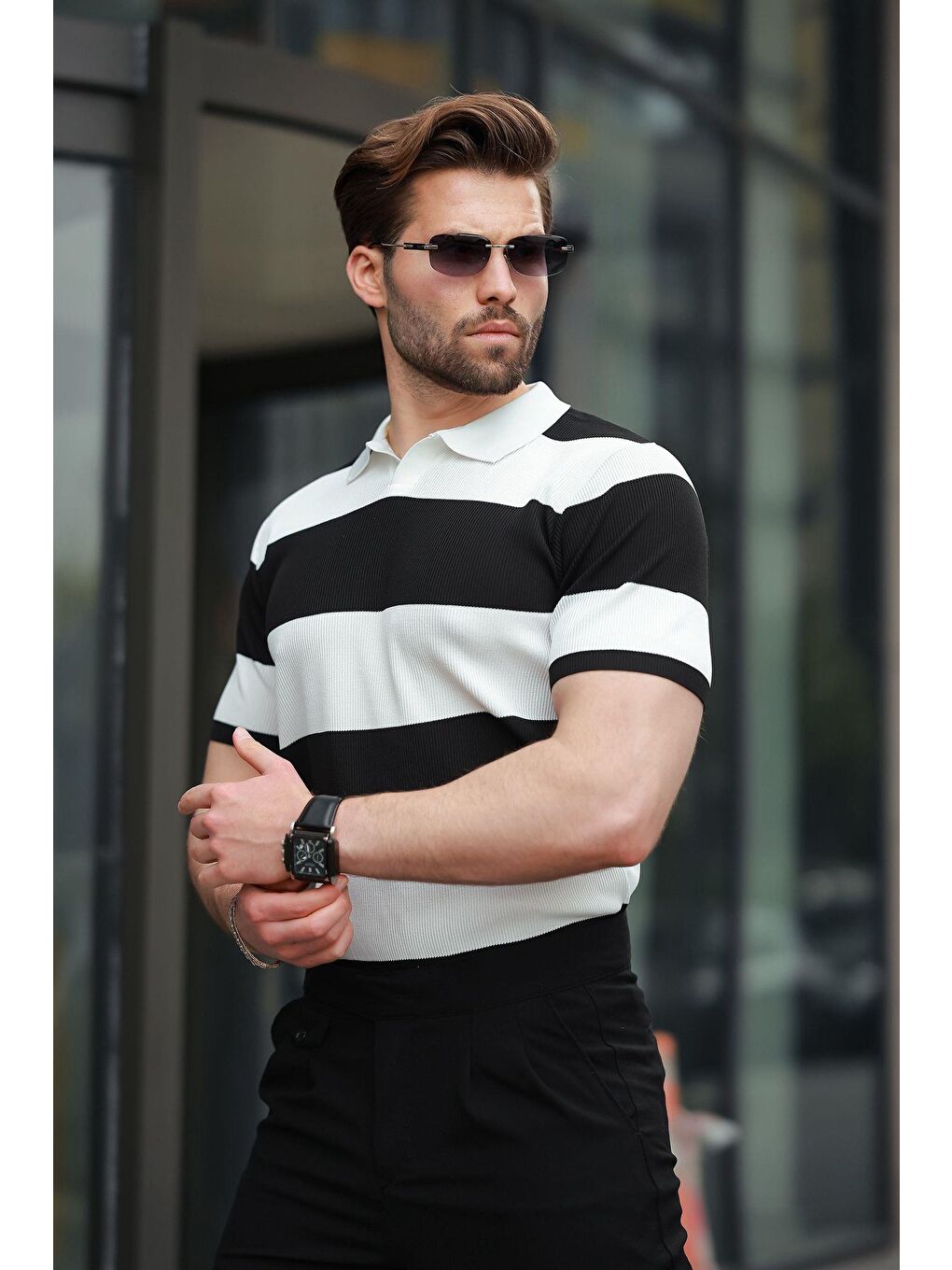 Siyah Polo Yaka Çizgili Erkek Triko Tişört E7411-4