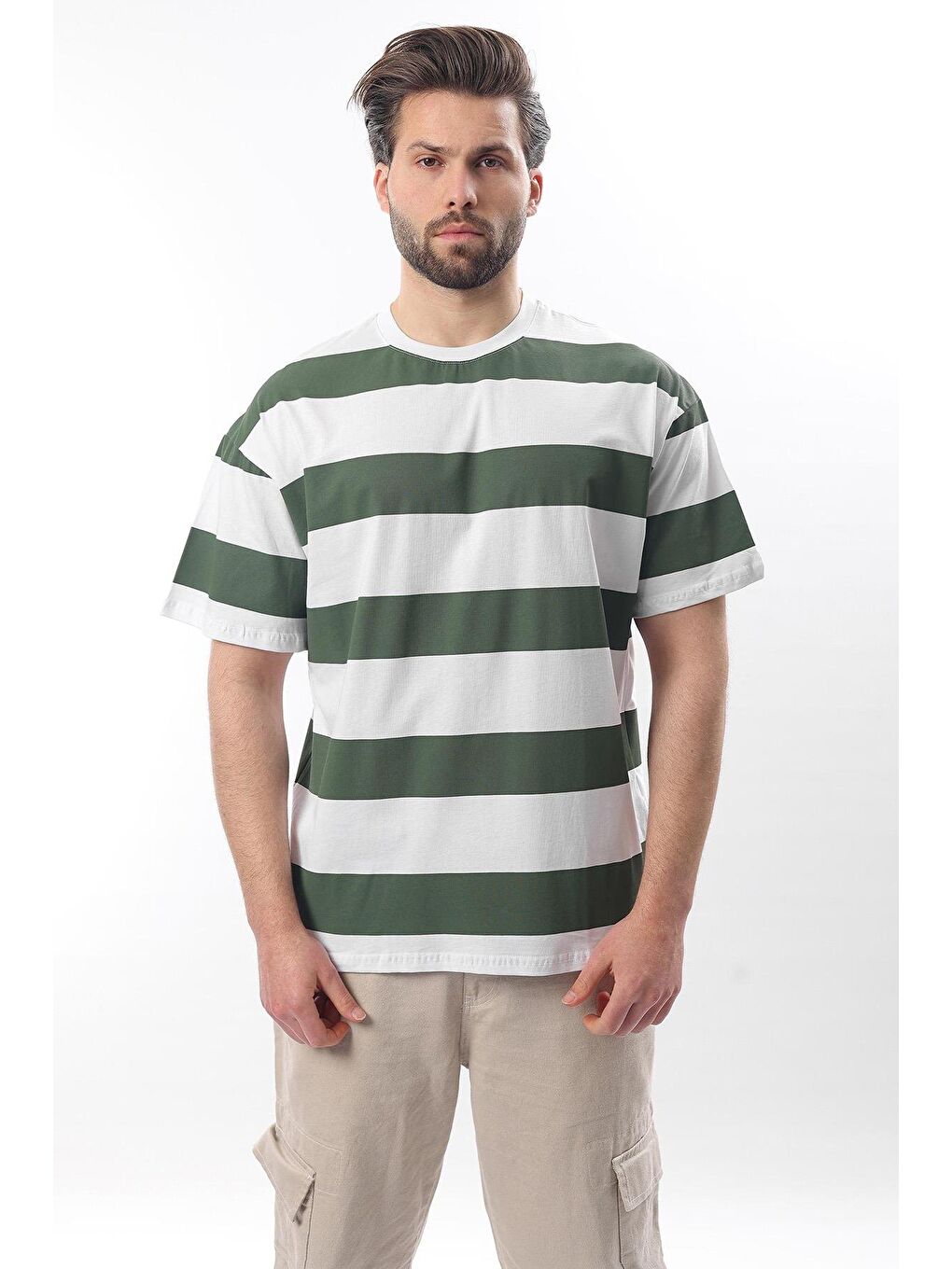 Haki Oversize Renk Bloklu Bisiklet Yaka Kısa Kollu %100 Pamuk Tişört 7030