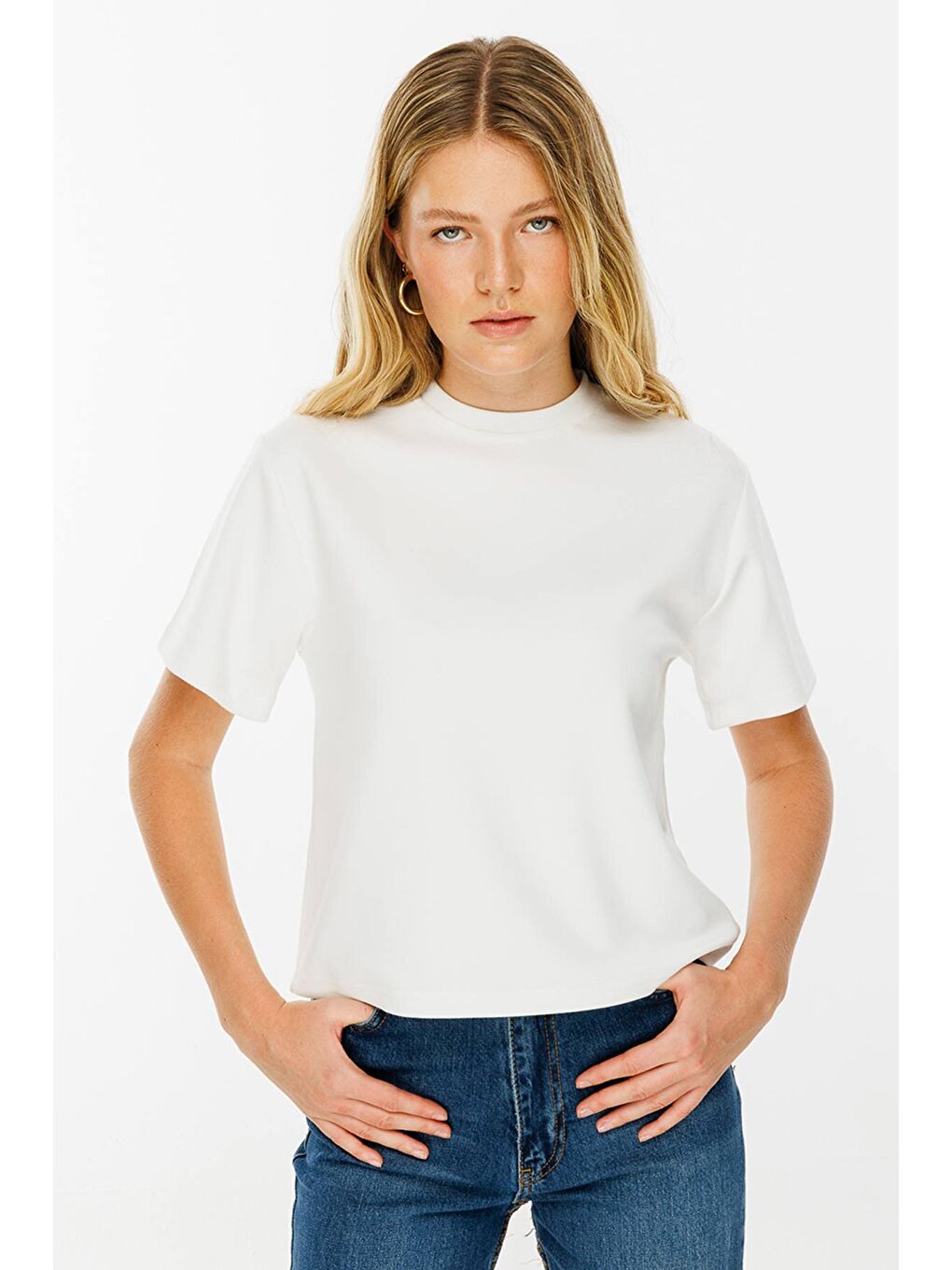 Pamuklu Basic Kırık Beyaz Tshirt-2