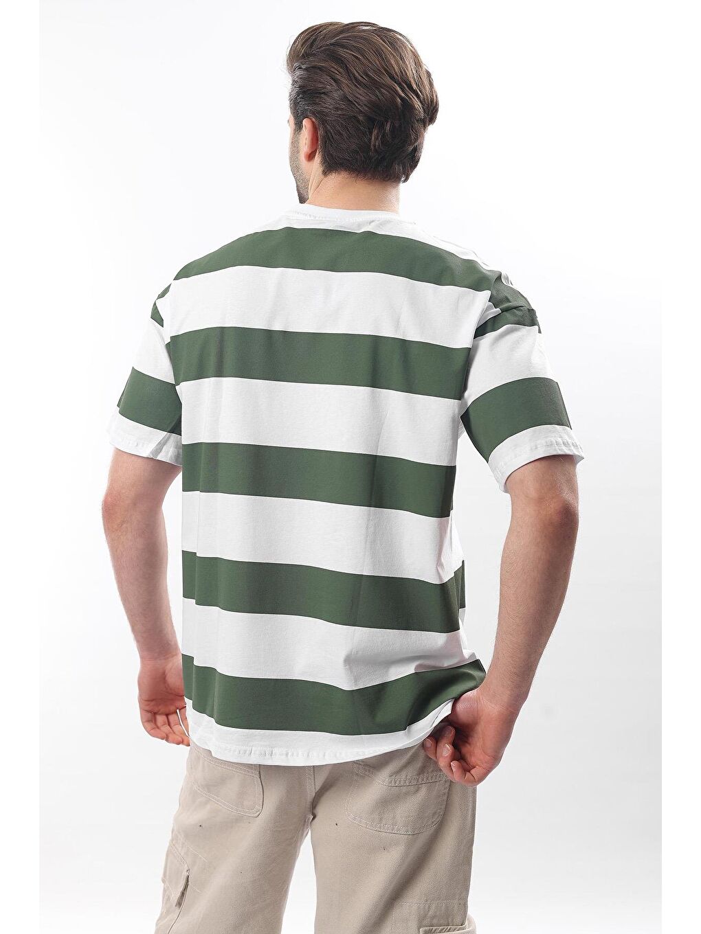 Haki Oversize Renk Bloklu Bisiklet Yaka Kısa Kollu %100 Pamuk Tişört 7030-4