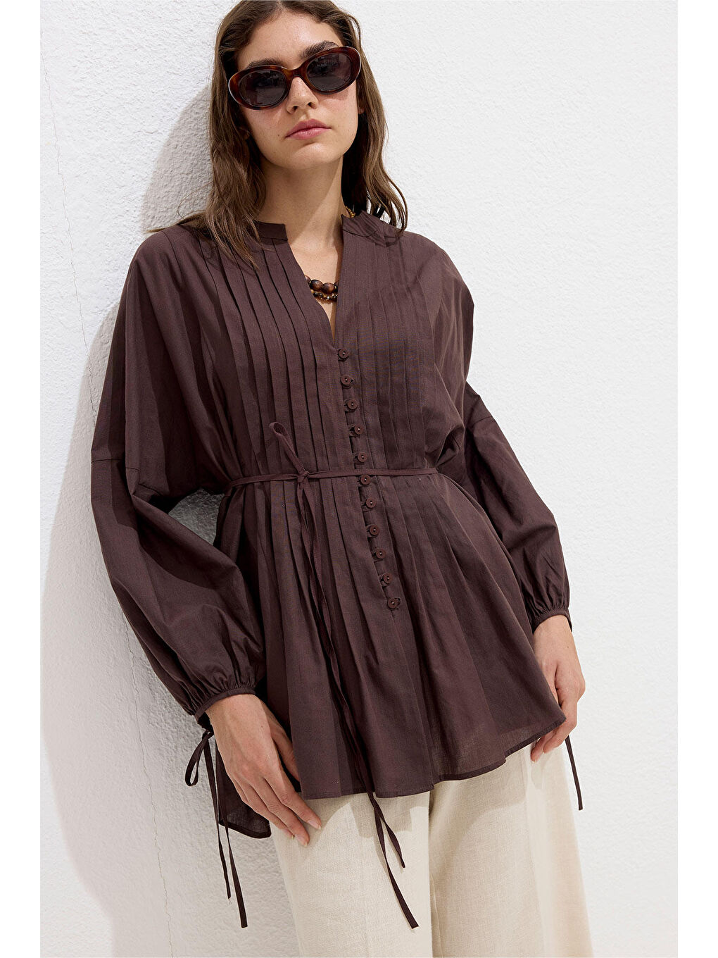 Nervür Detaylı Vual Tunik Kahverengi-2
