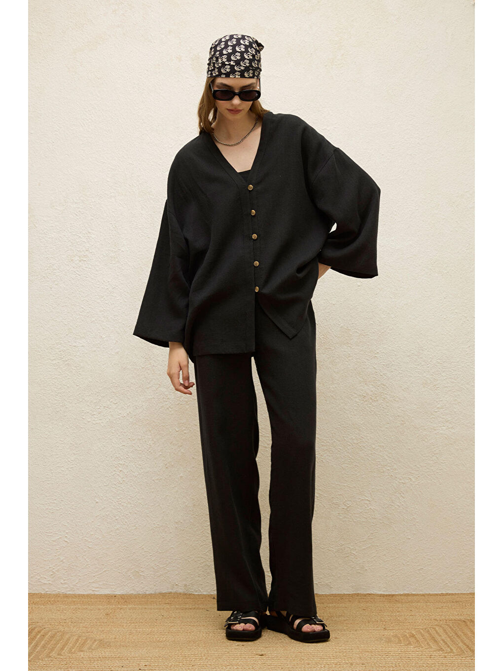 Cepli Rahat Keten Pantolon Siyah-1