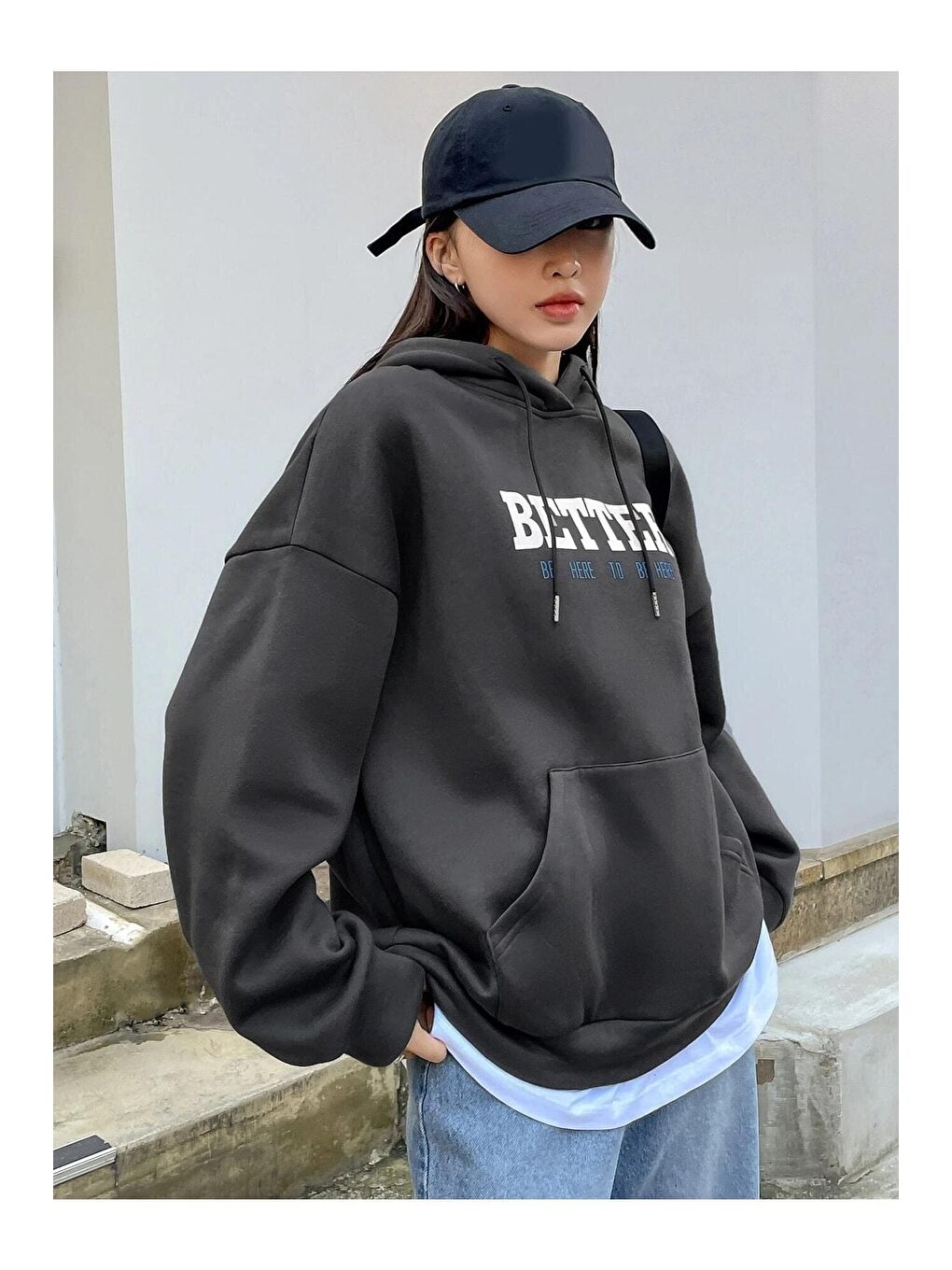 Trendseninle Gri Kadın GRİ Better Baskılı Oversize Sweatshirt