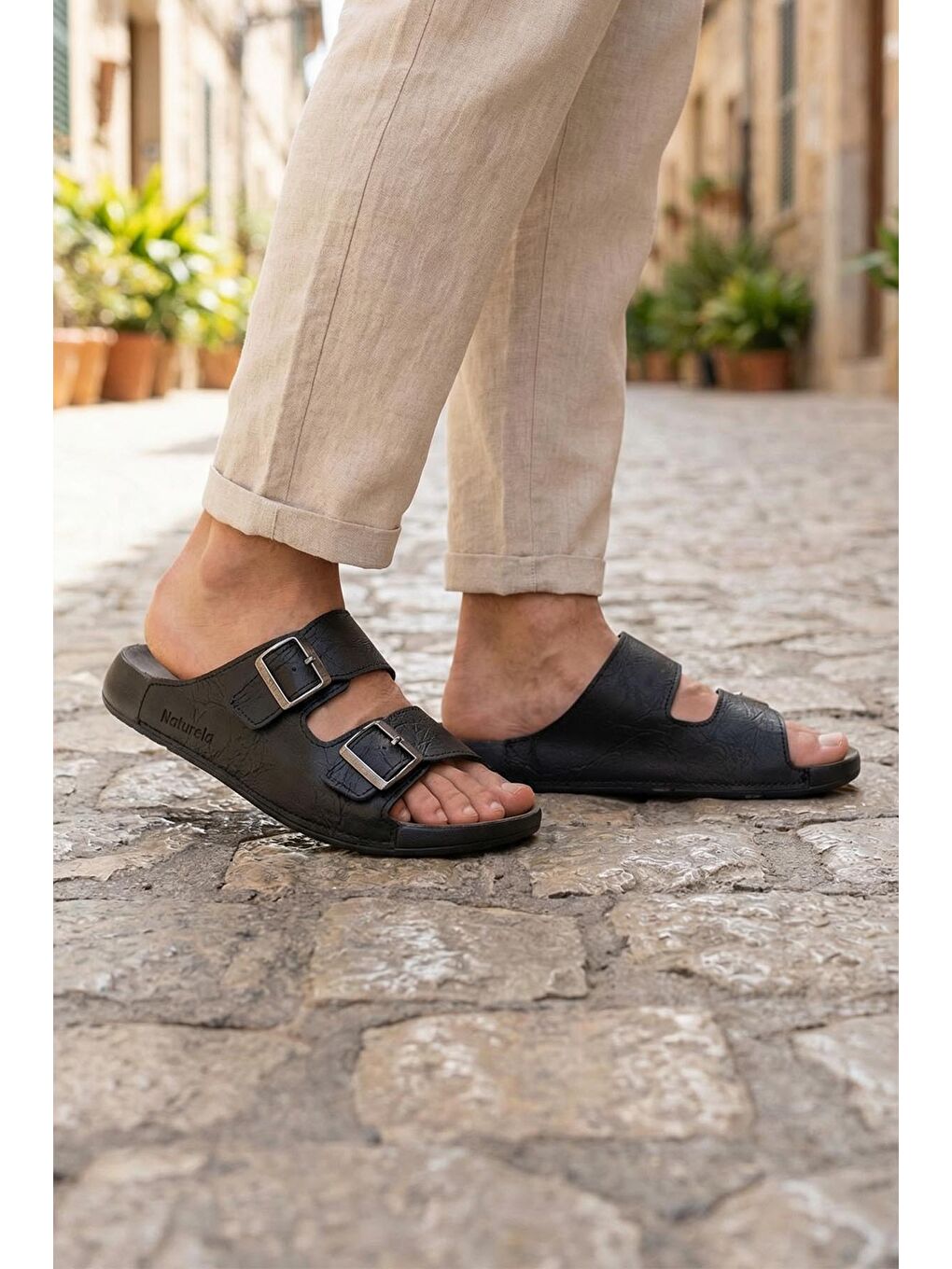 Siyah Naturela Comfort Erkek Yazlık Suni Deri Çift Toka Ayarlanabilir Rahat Taban Günlük Terlik