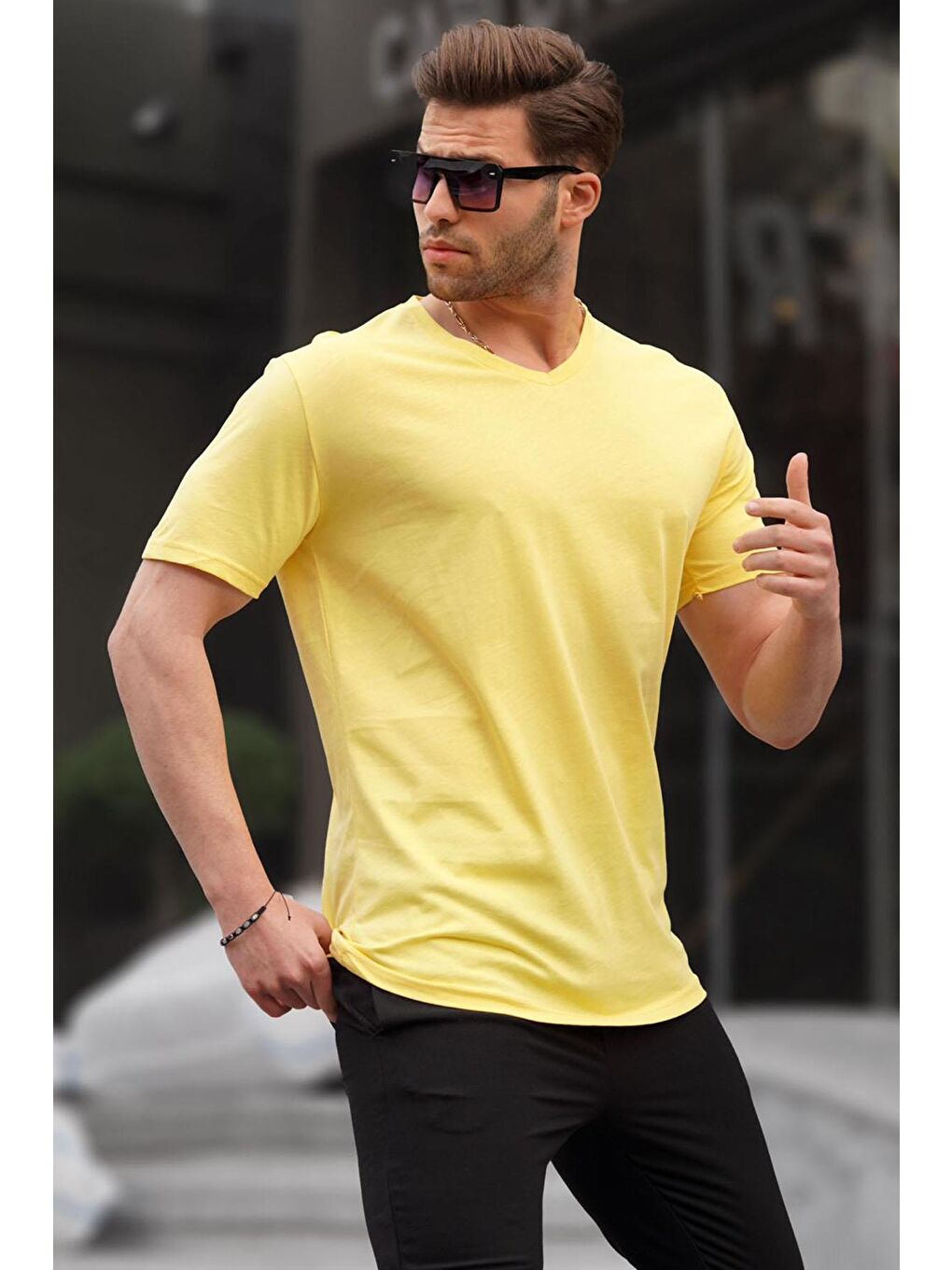 Basic V Yaka Sarı Tişört 5281