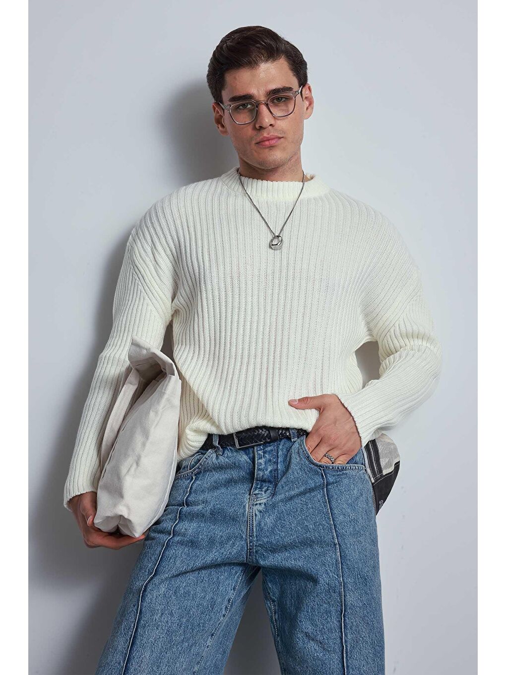 Erkek Regular Fit Kazak Ekru-3