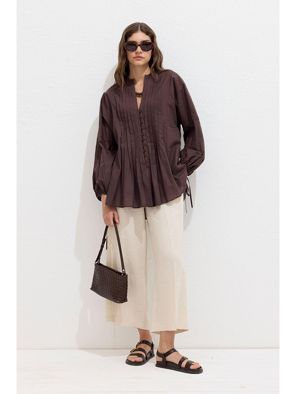 Nervür Detaylı Vual Tunik Kahverengi-3