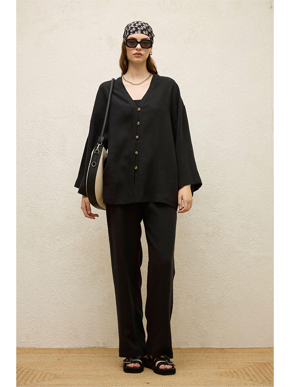 Cepli Rahat Keten Pantolon Siyah-2