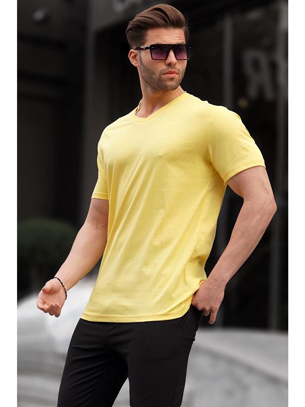 Basic V Yaka Sarı Tişört 5281-1