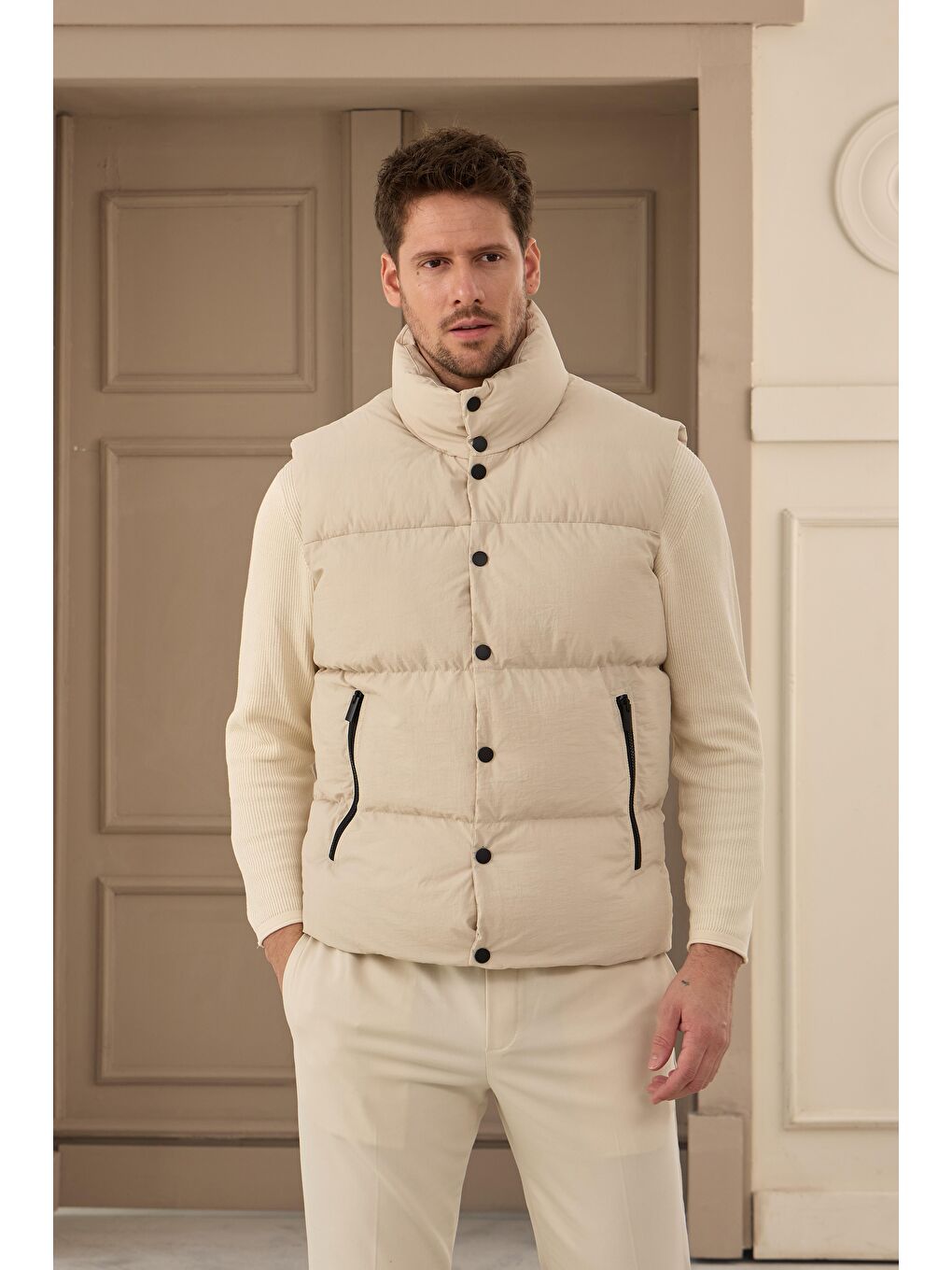 Erkek Dolgulu Şişme Yelek Ekru-1