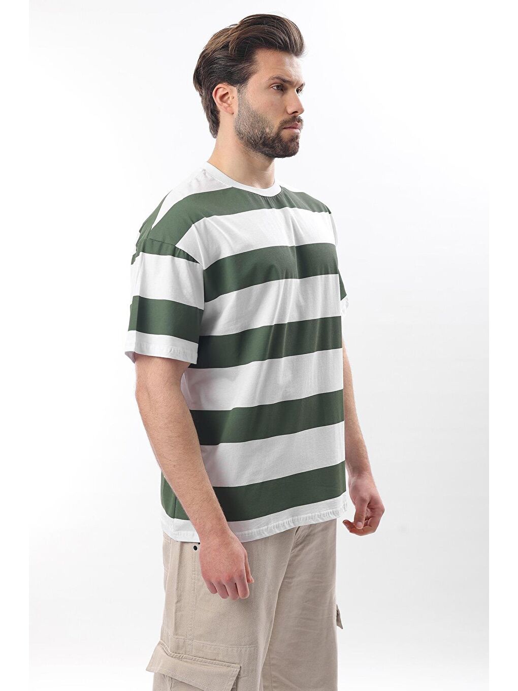 Haki Oversize Renk Bloklu Bisiklet Yaka Kısa Kollu %100 Pamuk Tişört 7030-6