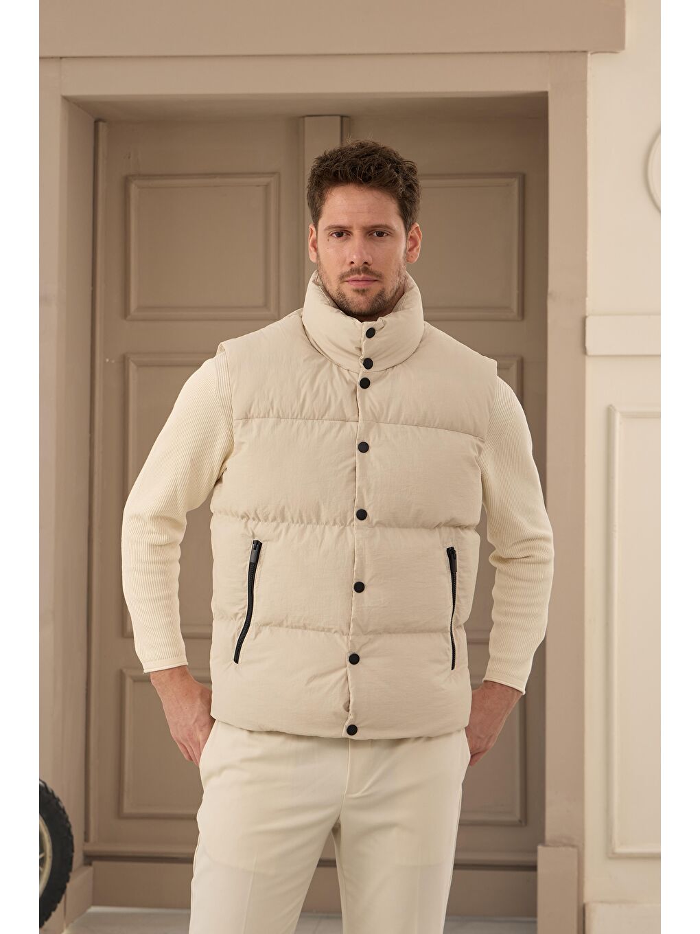 Erkek Dolgulu Şişme Yelek Ekru-2