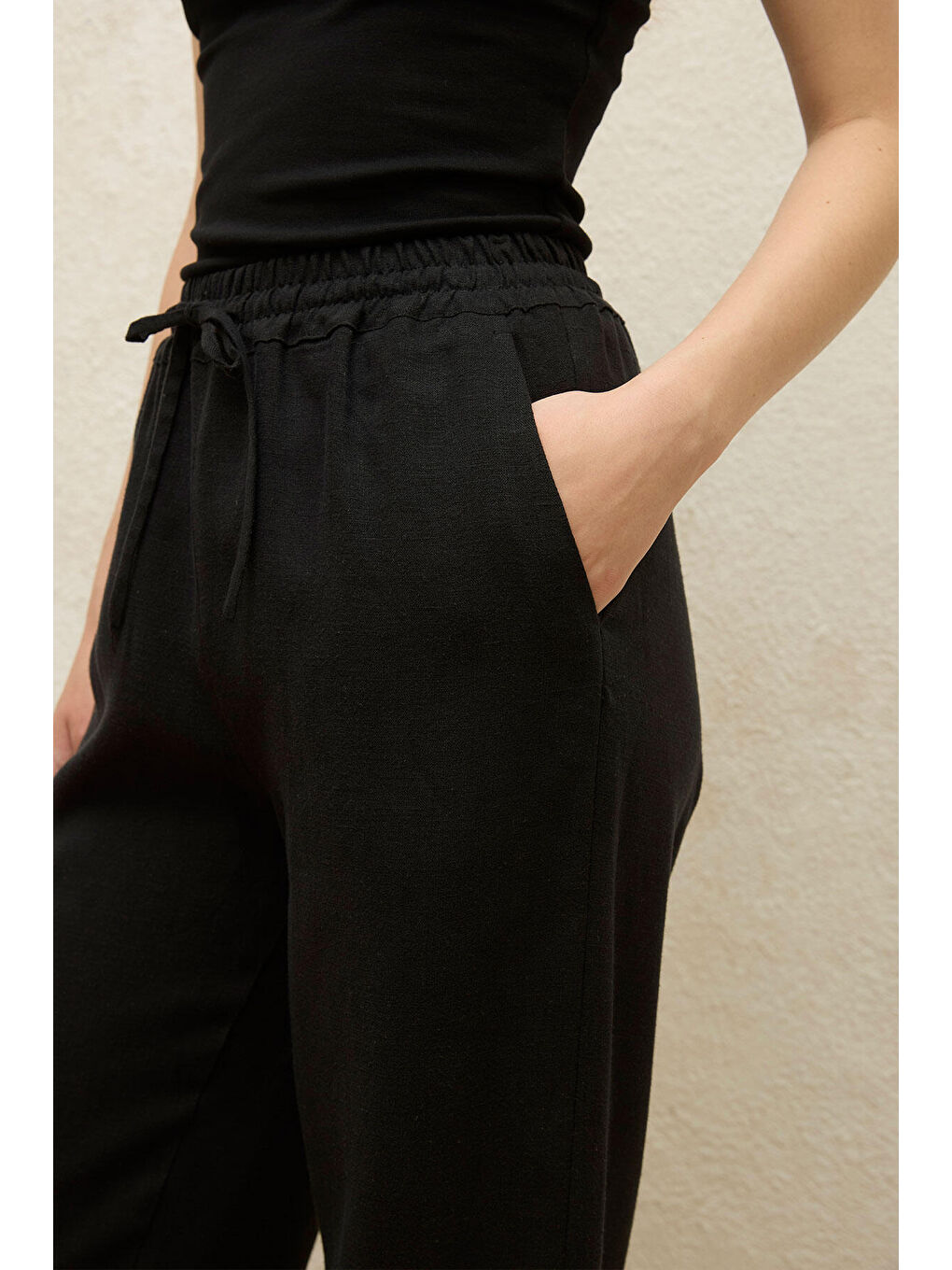 Cepli Rahat Keten Pantolon Siyah-4