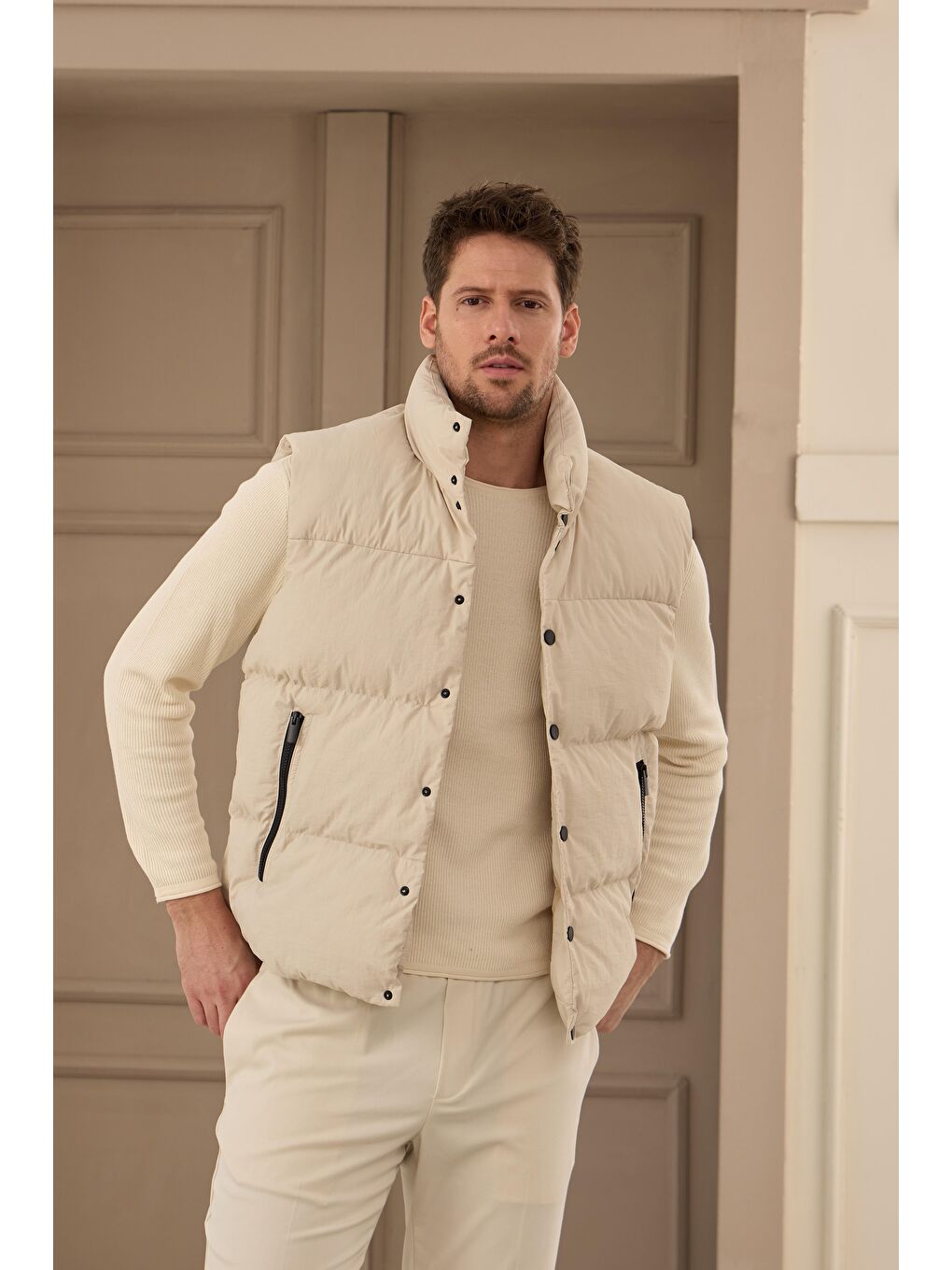 Erkek Dolgulu Şişme Yelek Ekru-3