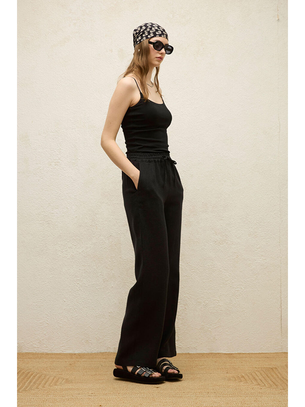 Cepli Rahat Keten Pantolon Siyah-5