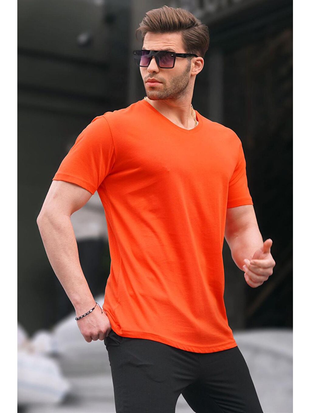 Basic V Yaka Turuncu %100 Pamuk Tişört 5281