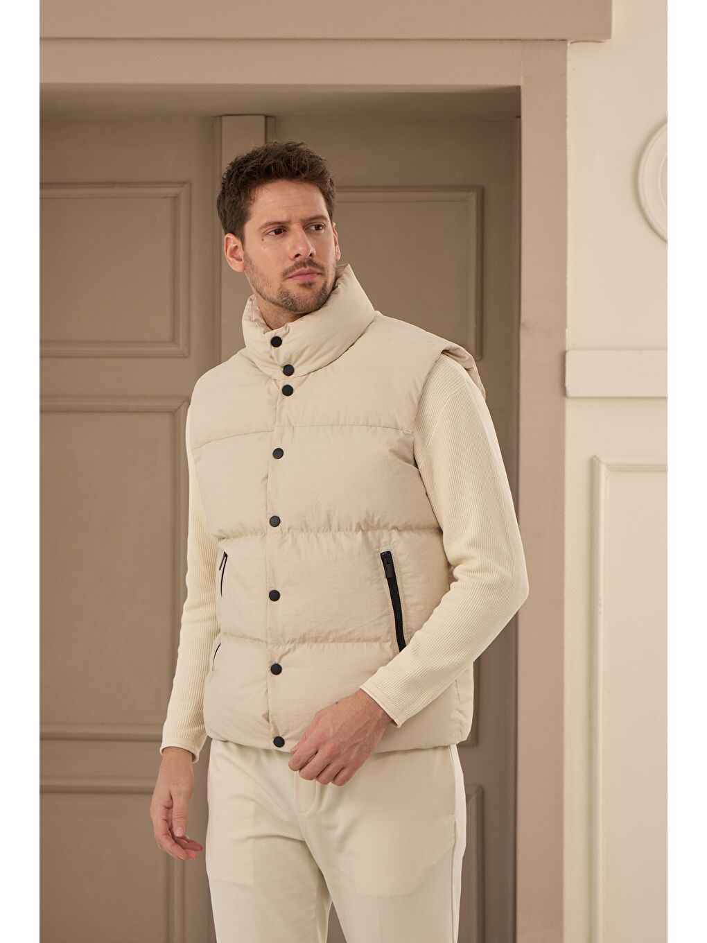 Erkek Dolgulu Şişme Yelek Ekru-5