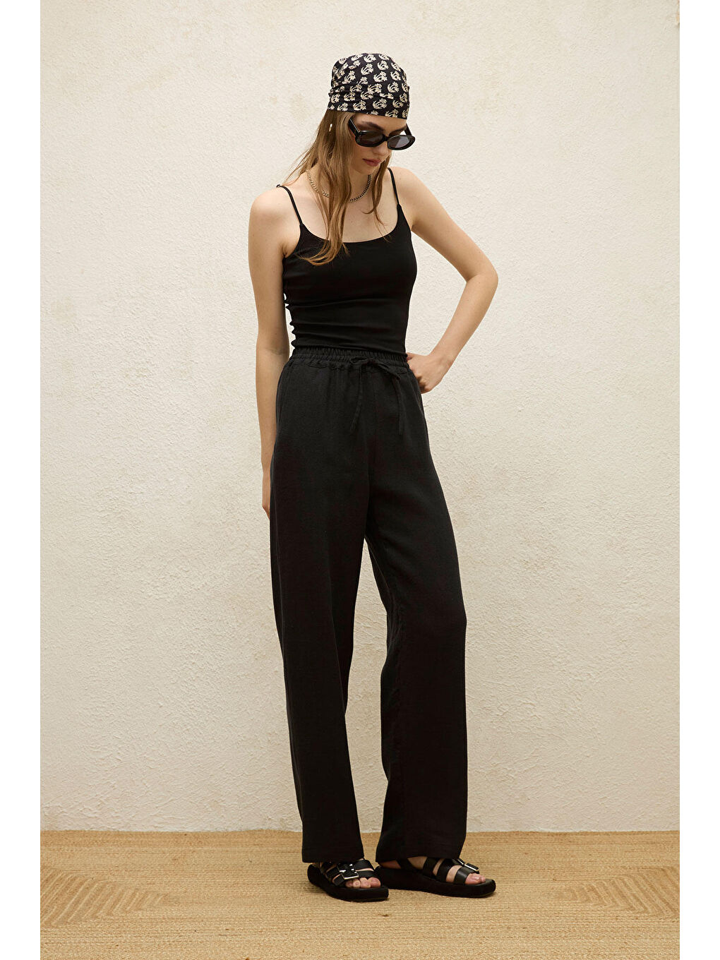 Cepli Rahat Keten Pantolon Siyah-6