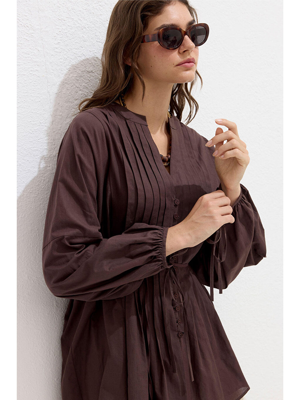 Nervür Detaylı Vual Tunik Kahverengi-6