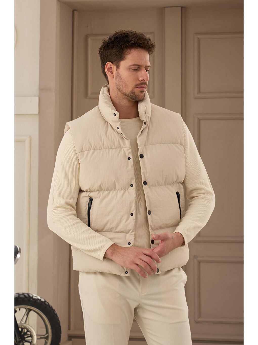 Erkek Dolgulu Şişme Yelek Ekru-6