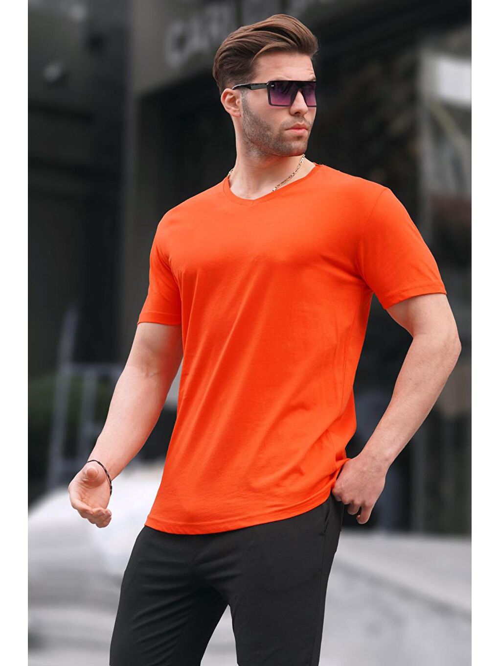 Basic V Yaka Turuncu %100 Pamuk Tişört 5281-1