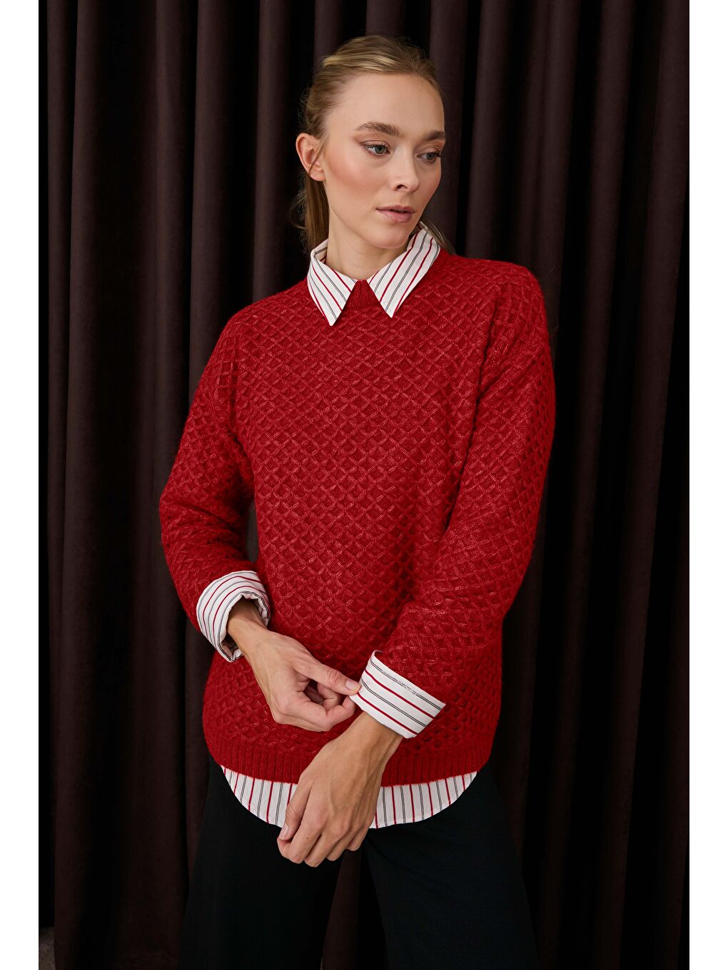 Örümcek Örgülü Kazak Kırmızı-1