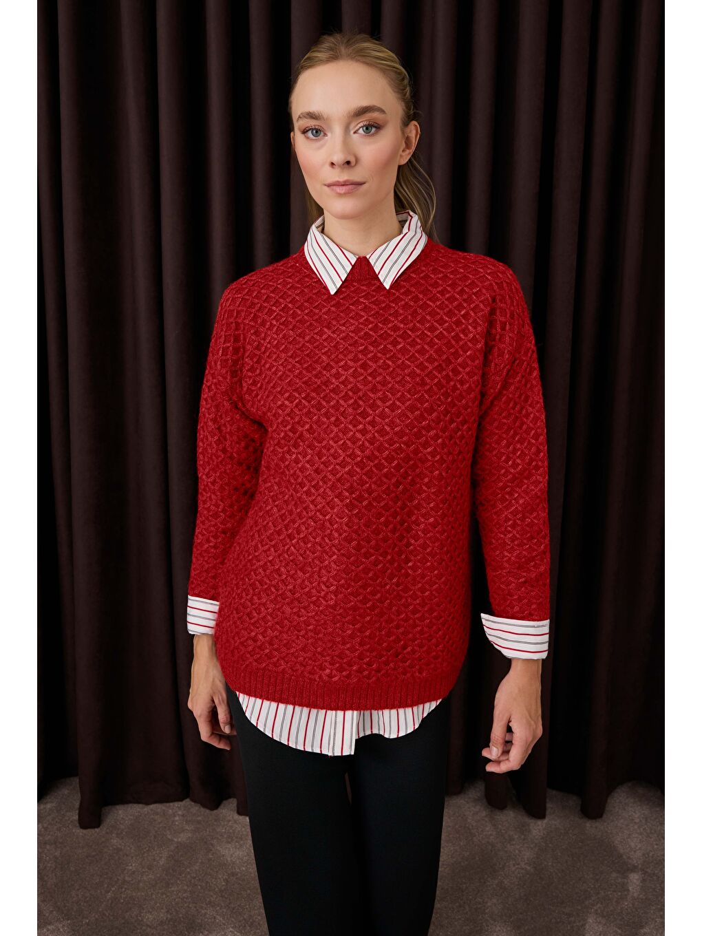 Örümcek Örgülü Kazak Kırmızı-2