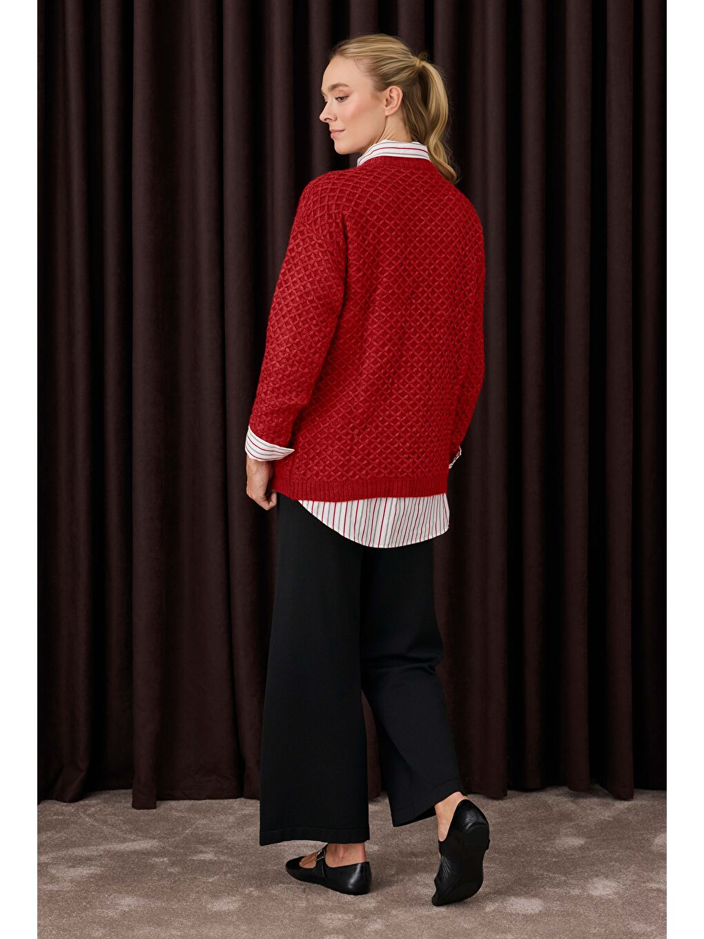 Örümcek Örgülü Kazak Kırmızı-3