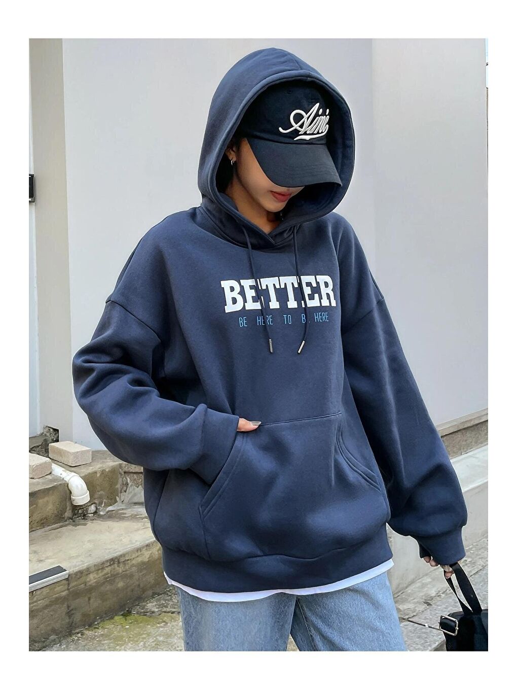 Trendseninle Lacivert Kadın LACİVERT Better Baskılı Oversize Sweatshirt