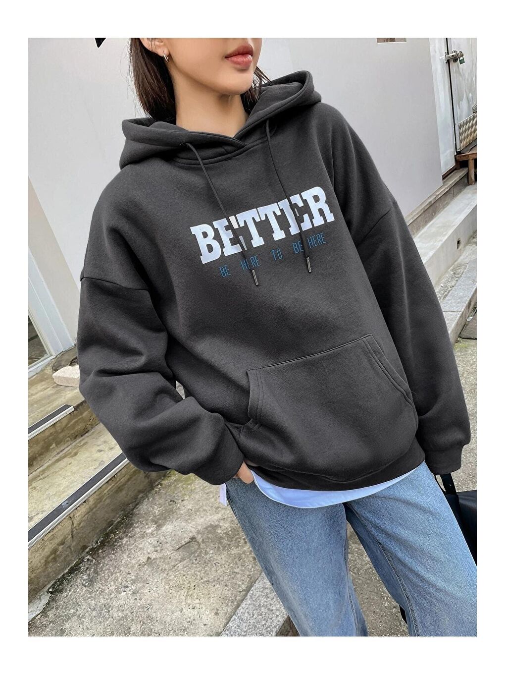 Trendseninle Gri Kadın GRİ Better Baskılı Oversize Sweatshirt - 3