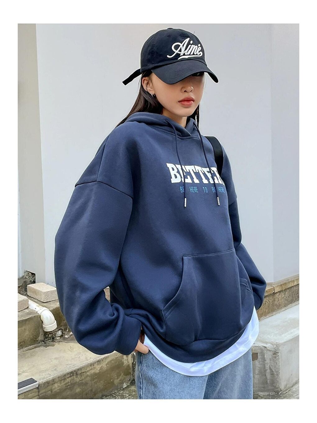 Trendseninle Lacivert Kadın LACİVERT Better Baskılı Oversize Sweatshirt - 1