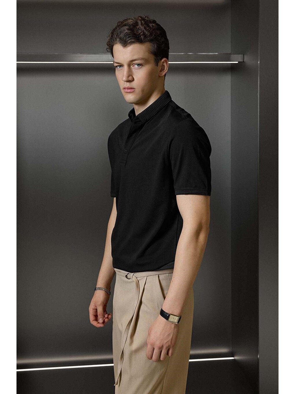 Erkek Slim Fit Düğmeli Triko Yaka Polo Tişört Siyah-4