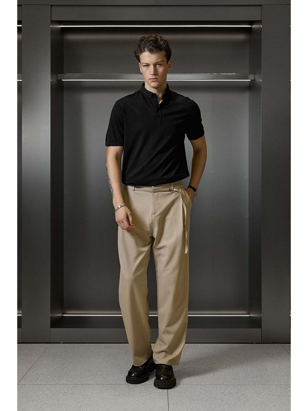 Erkek Slim Fit Düğmeli Triko Yaka Polo Tişört Siyah-5