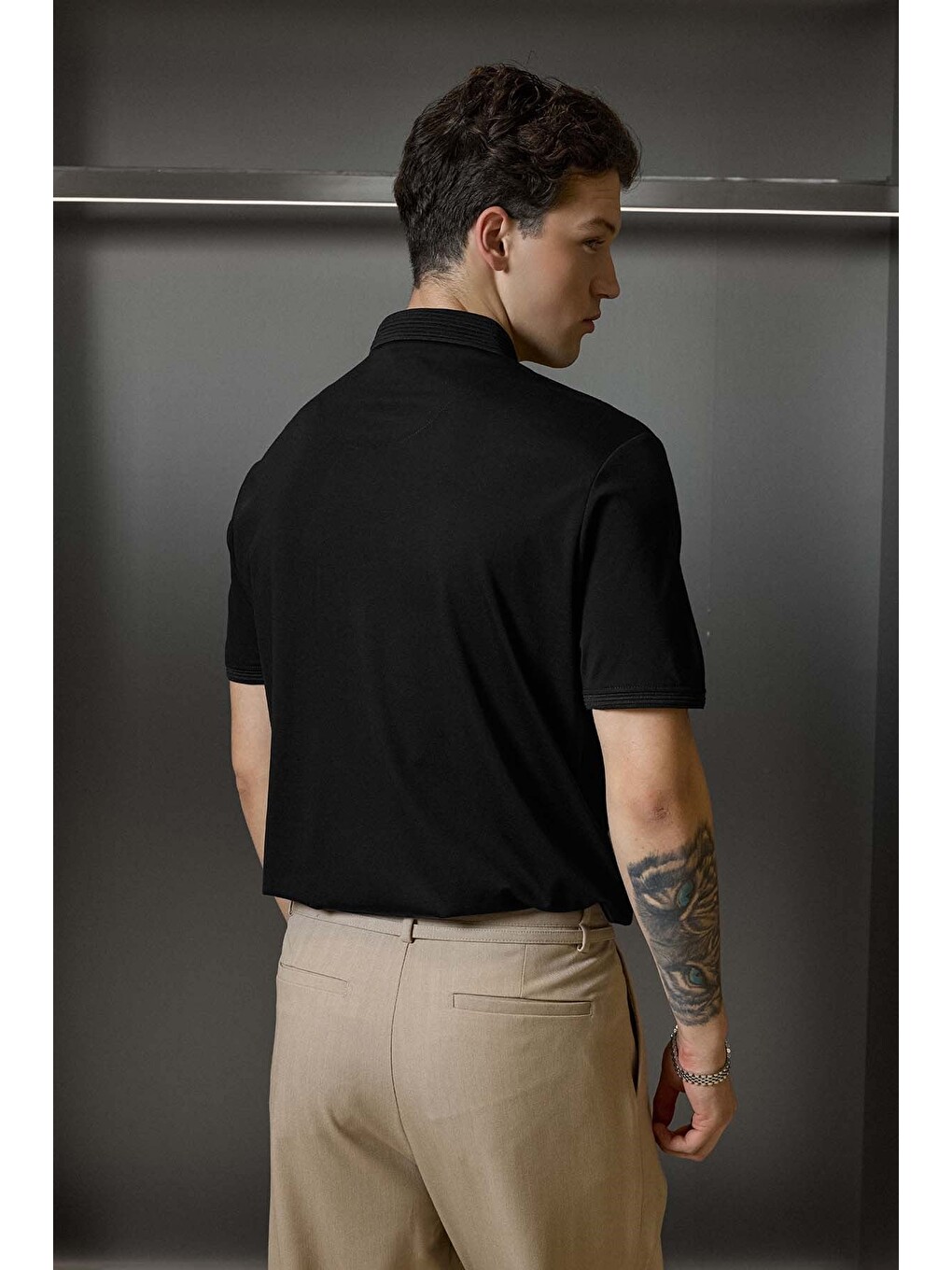 Erkek Slim Fit Düğmeli Triko Yaka Polo Tişört Siyah-6