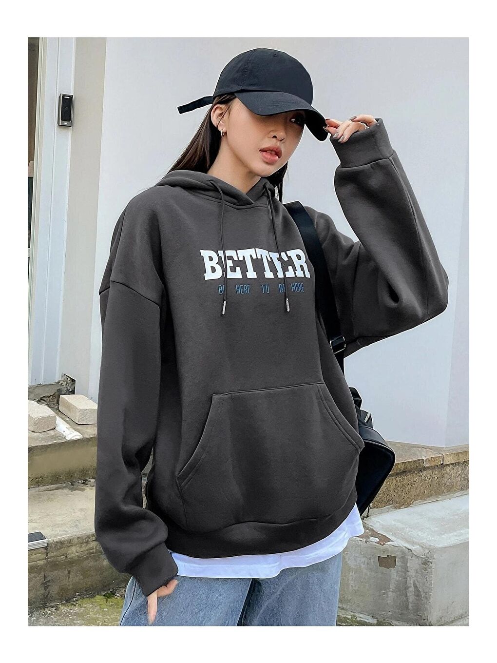 Trendseninle Gri Kadın GRİ Better Baskılı Oversize Sweatshirt - 4