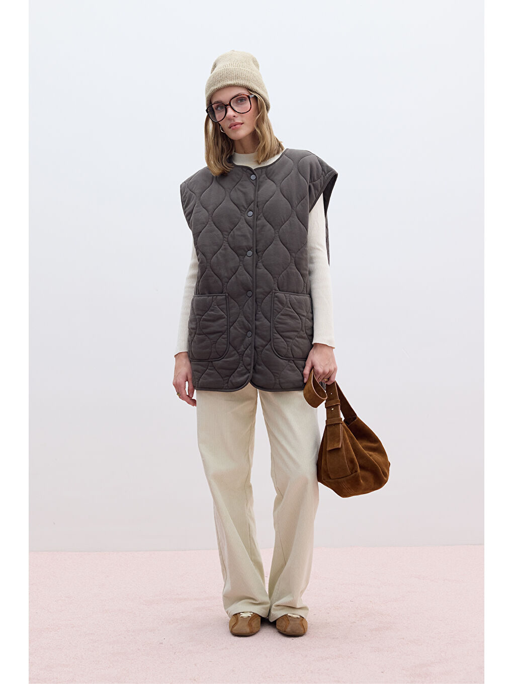 Kapitone Cepli Yelek Kahverengi-2