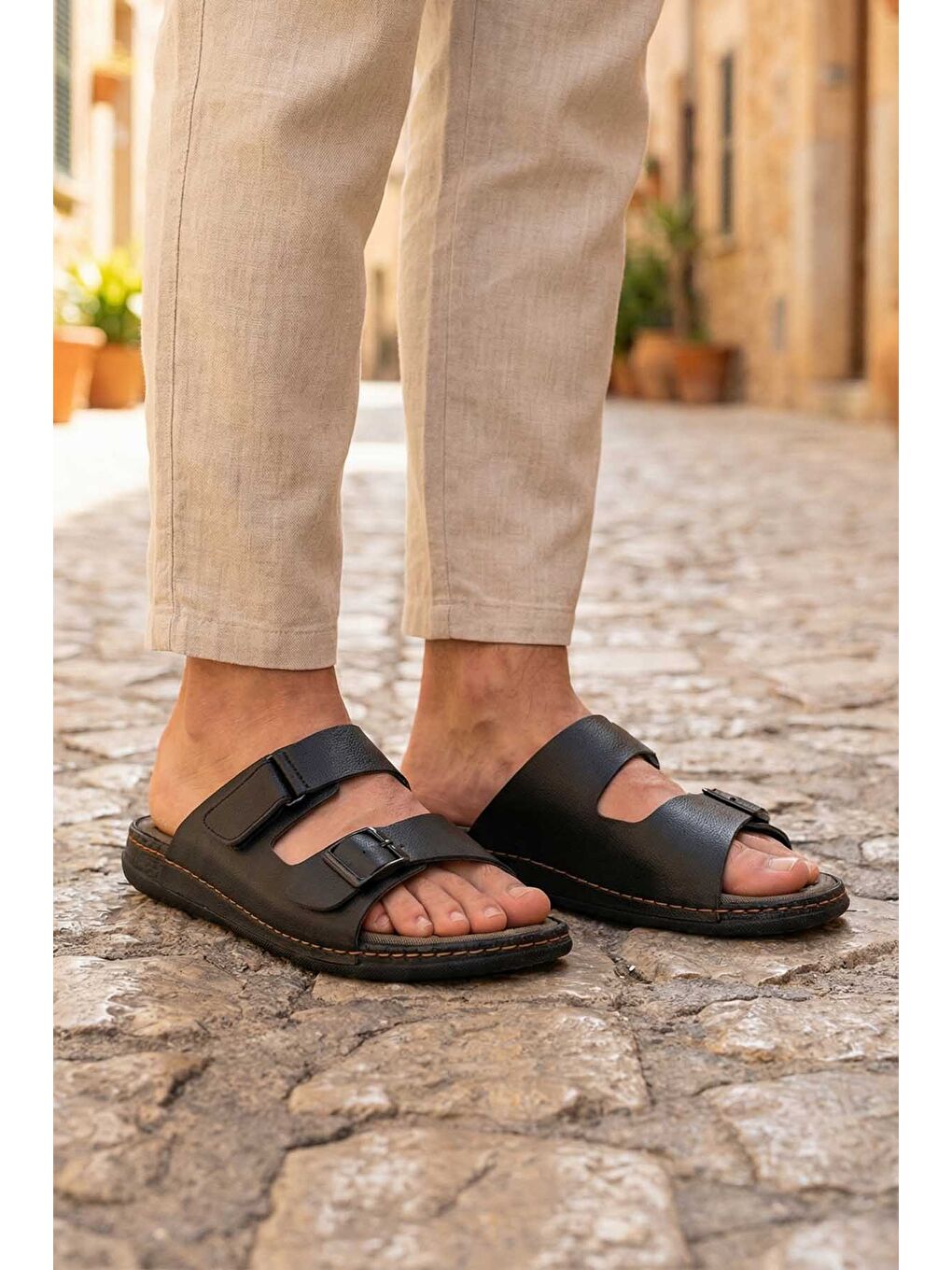 Siyah Yazlık Erkek Suni Deri İki Toka Ayarlanabilir Rahat Taban Günlük Terlik