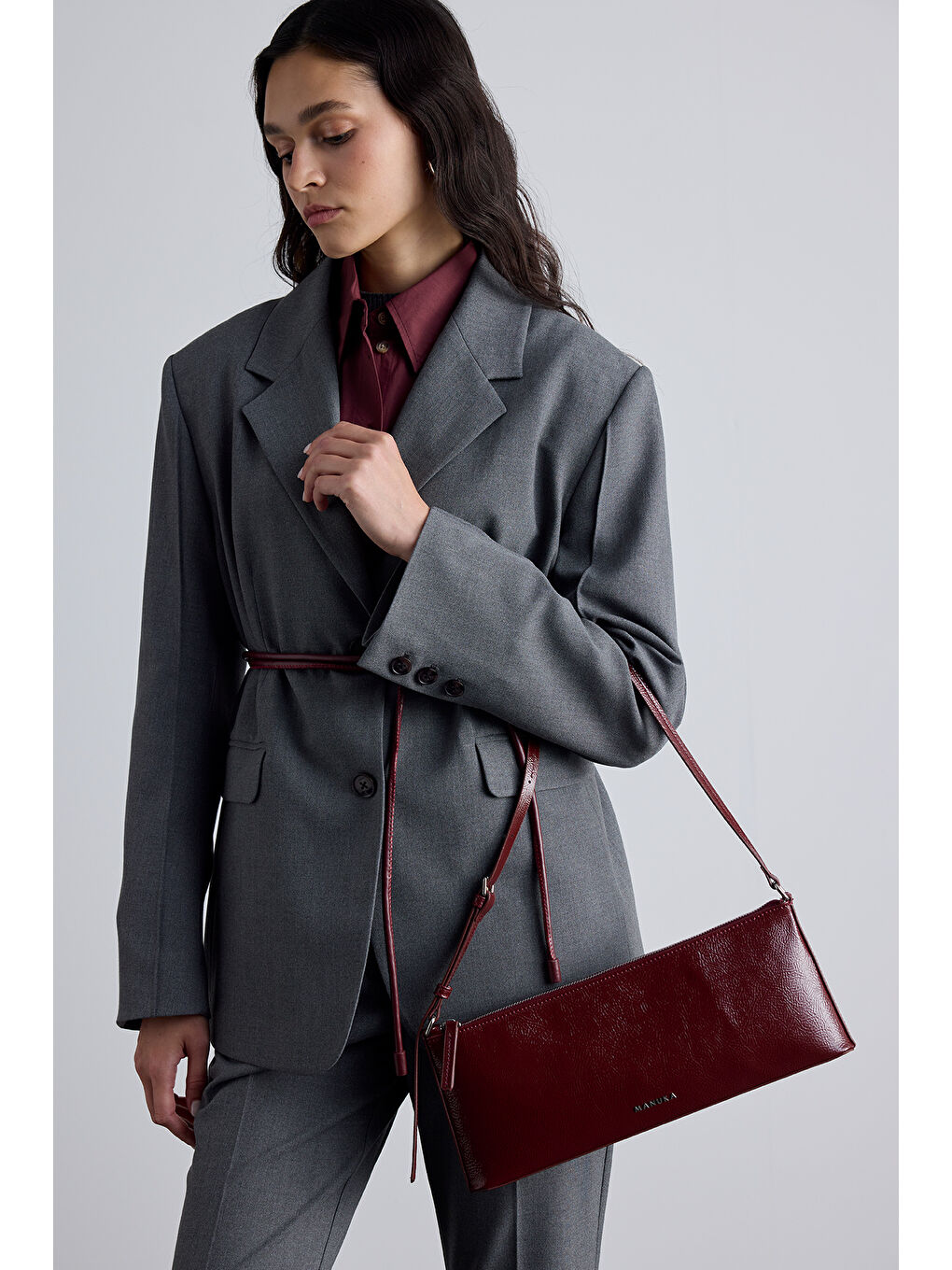 İnce Askılı Rugan Çanta Bordo-3