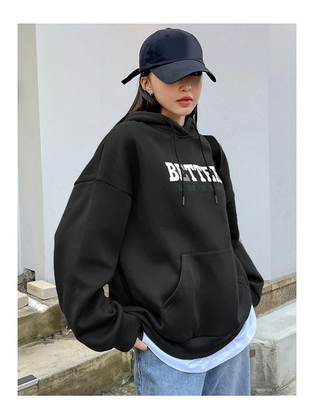 Trendseninle Siyah Kadın SİYAH Better Baskılı Oversize Sweatshirt