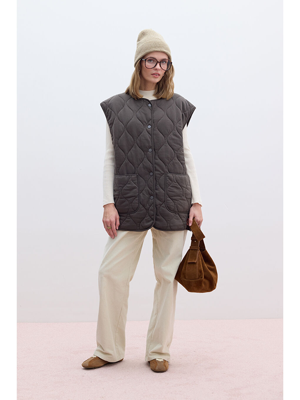 Kapitone Cepli Yelek Kahverengi-3