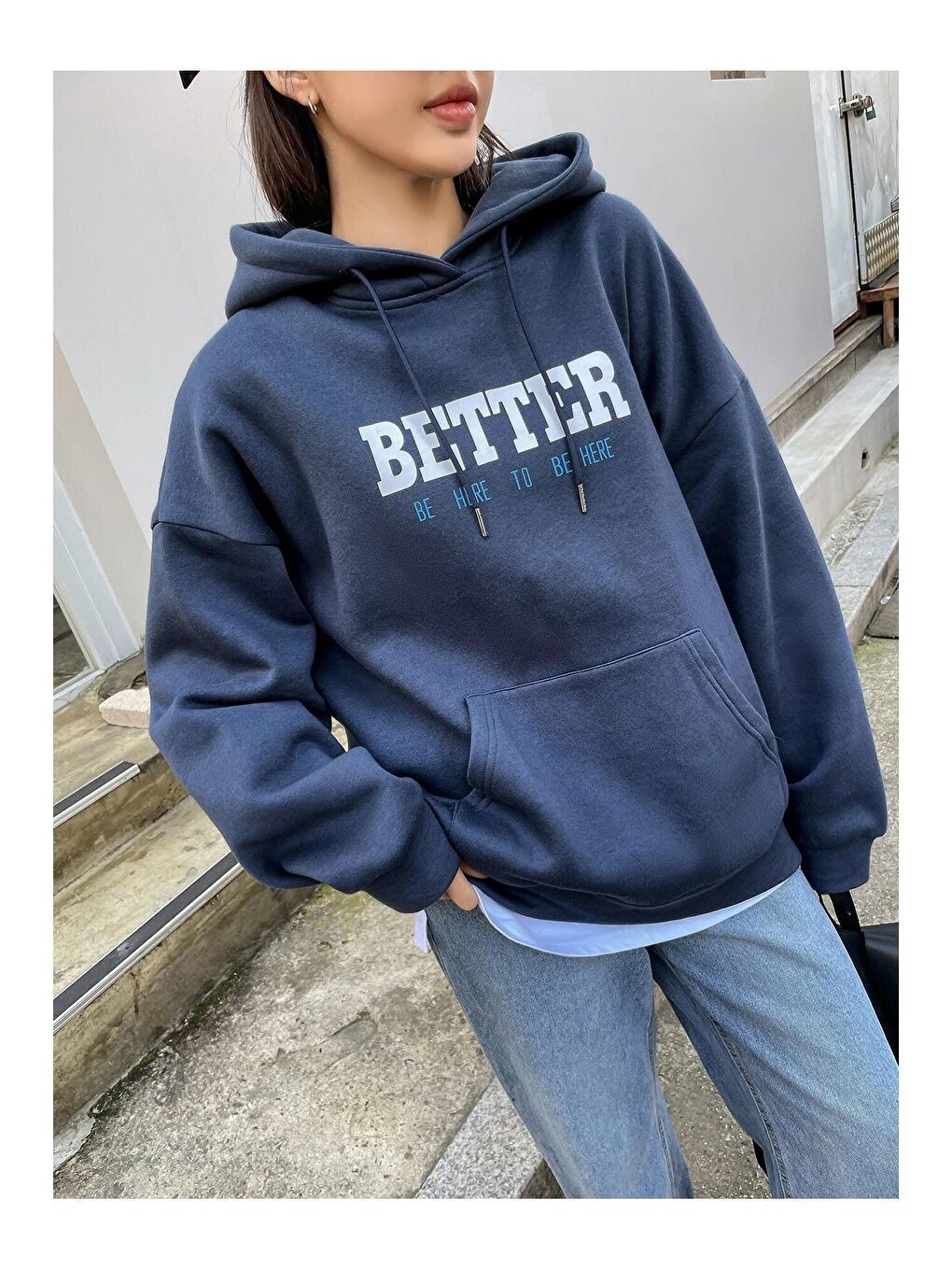 Trendseninle Lacivert Kadın LACİVERT Better Baskılı Oversize Sweatshirt - 4