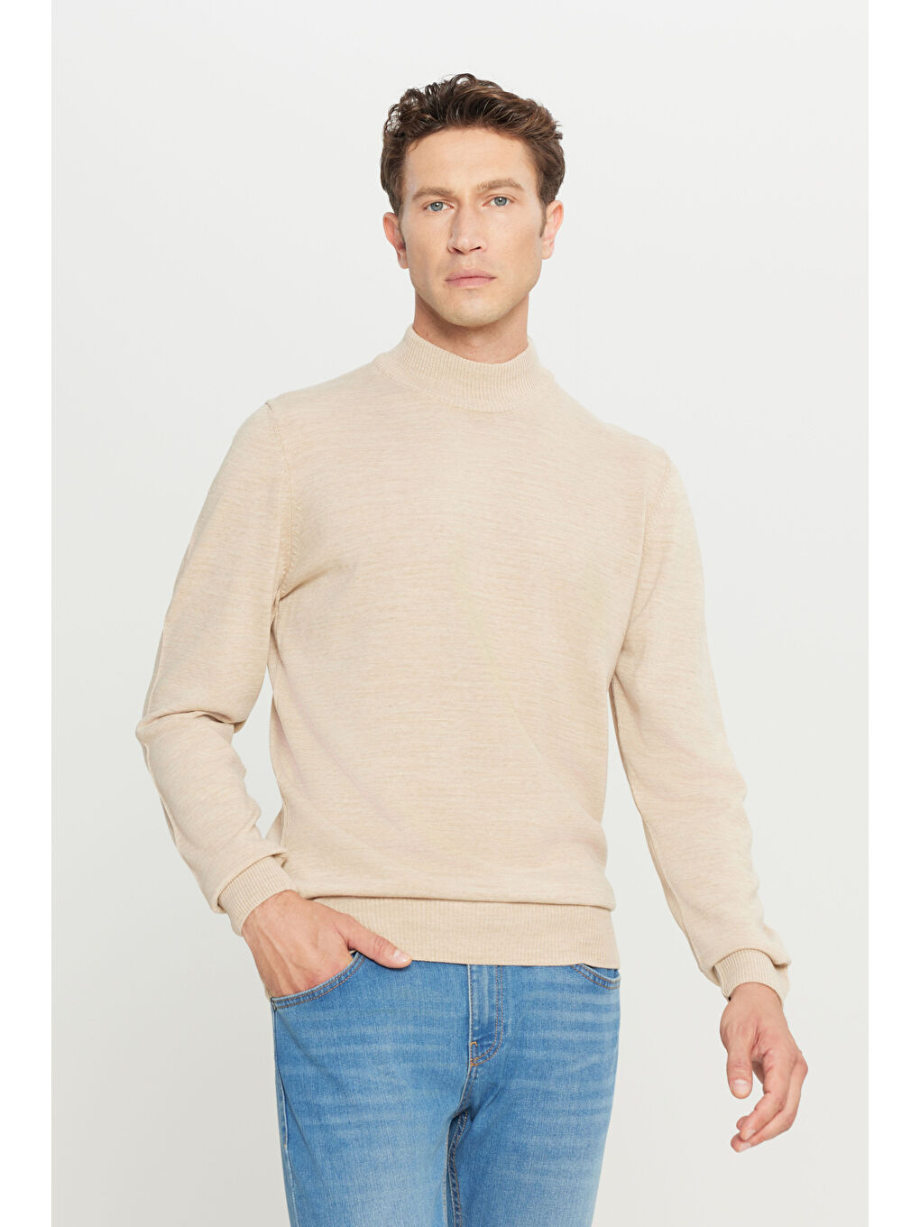 Erkek Bej Tüylenme Yapmayan Anti-Pilling Standart Fit Yarım Balıkçı Yaka Triko Kazak