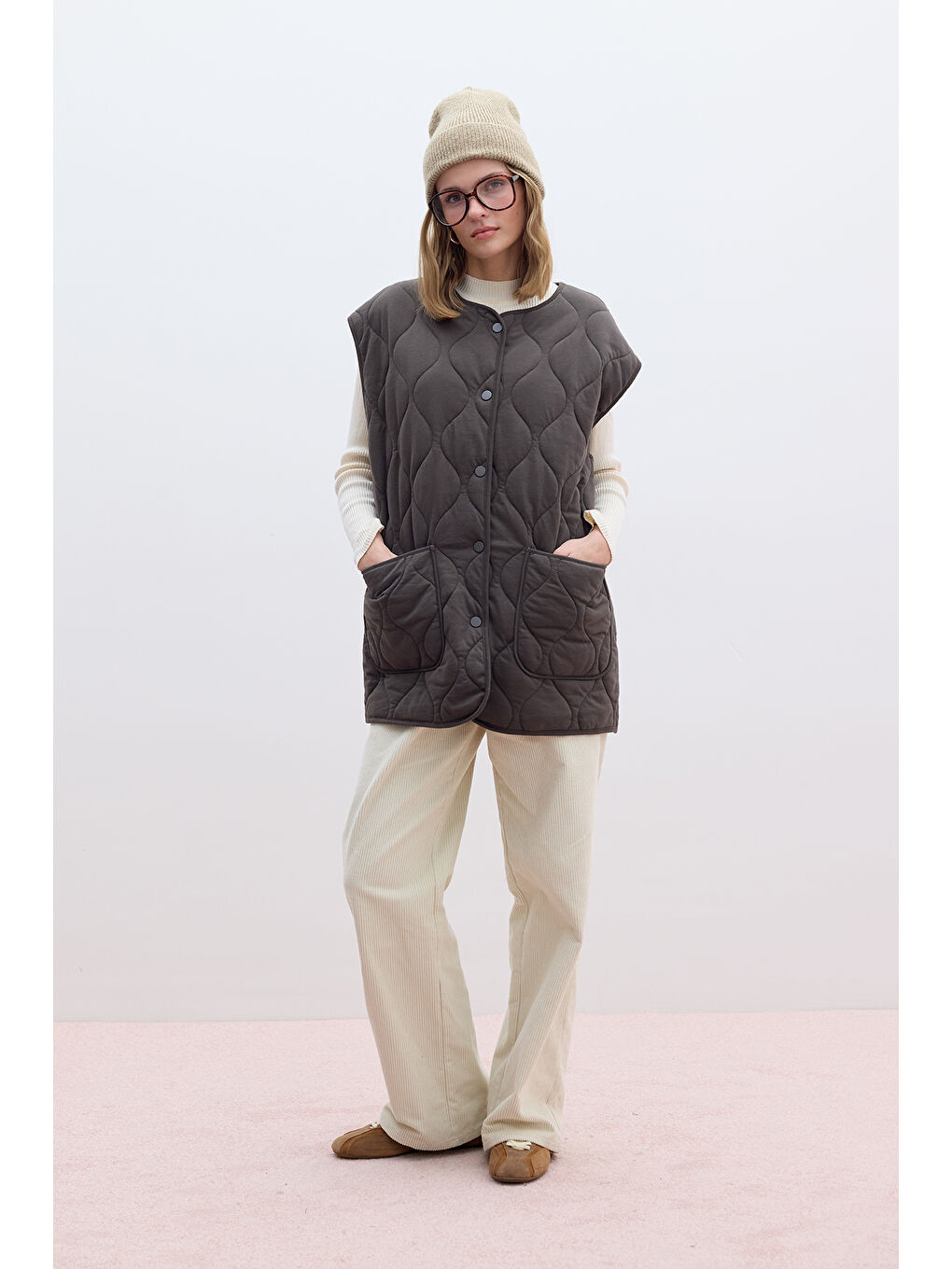 Kapitone Cepli Yelek Kahverengi-5