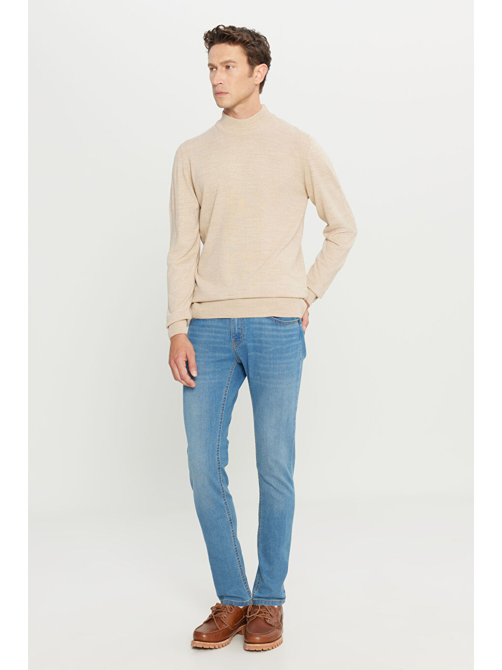 Erkek Bej Tüylenme Yapmayan Anti-Pilling Standart Fit Yarım Balıkçı Yaka Triko Kazak-1