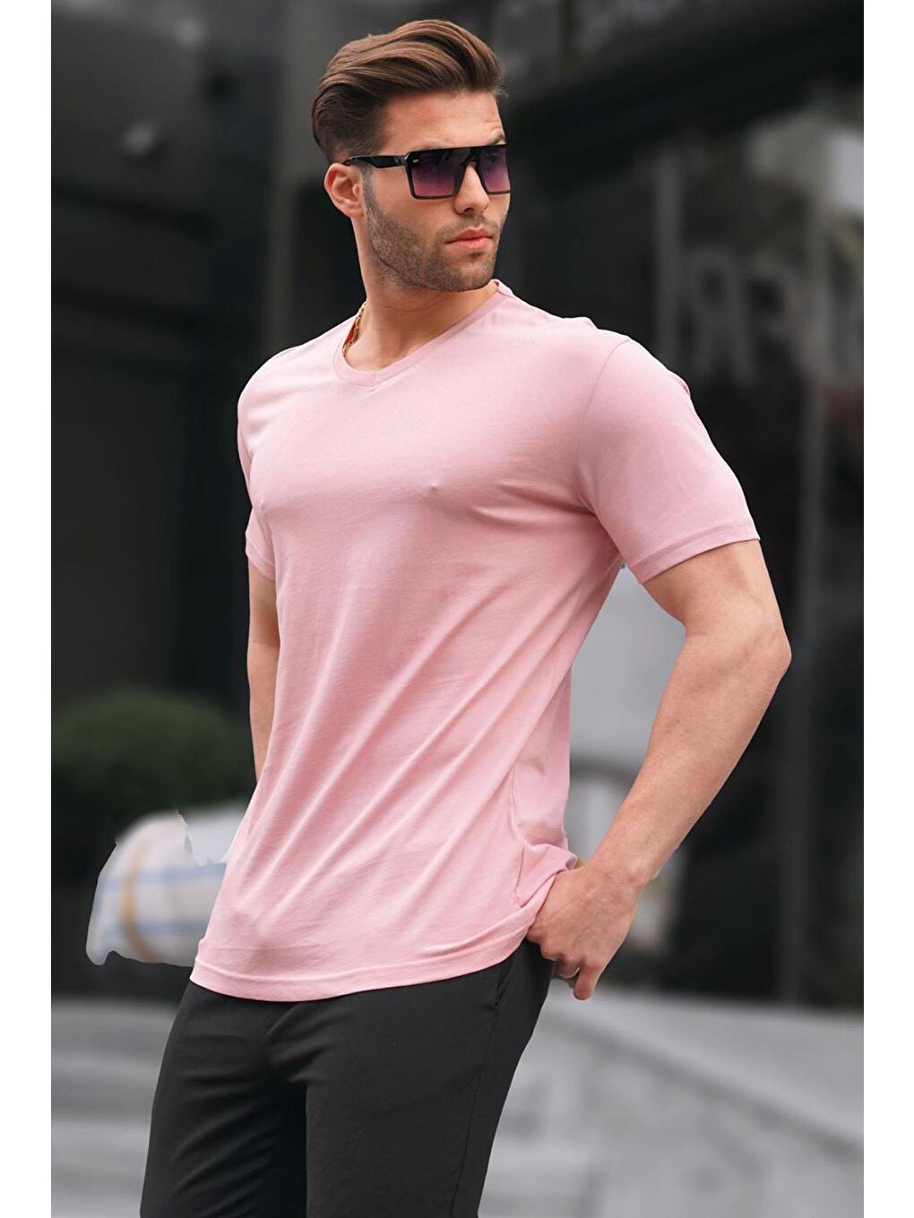 Pembe Basic V Yaka Pudra %100 Pamuk Tişört 5281