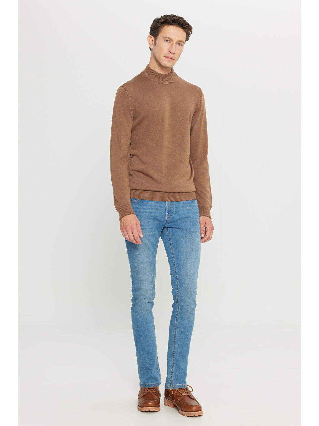 Bej Erkek Vizon Tüylenme Yapmayan Anti-Pilling Standart Fit Yarım Balıkçı Yaka Triko Kazak-1